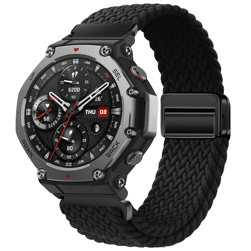 PONATTENO Braided Band Compatible For Amazfit T-Rex 3, Magnetic Adjustable Buckle Design, Breathable Soft Elastic Replacement Strap Sport Wristband For T-Rex 3 48mm (Black)