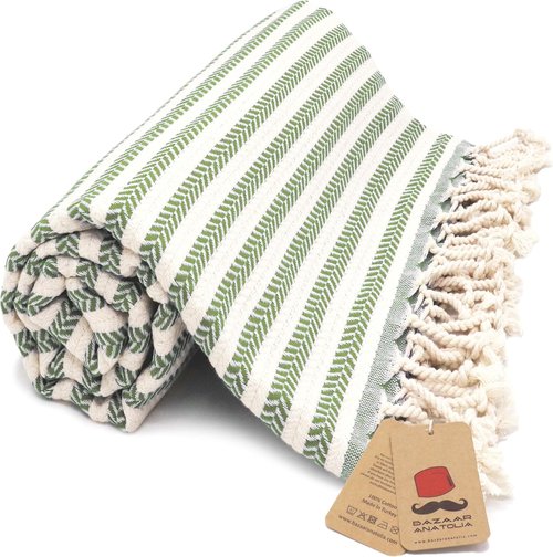 Bazaar Anatolia Turkish Beach Towel - 100% Cotton, Quick-Dry, Sand-Free | Oversized 71x39 Inches in Sage Olive