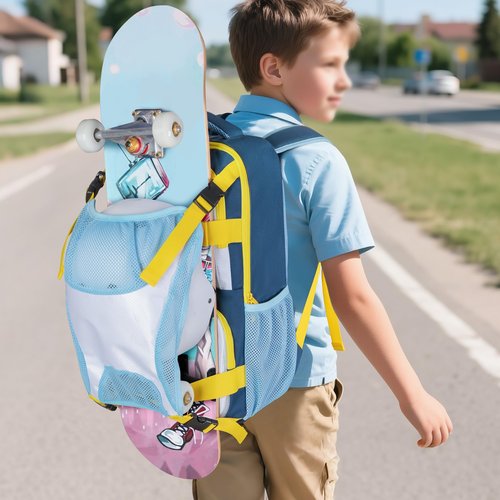GOBUROS Skateboard Backpack with Adjustable Board Straps and Detachable Helmet Holder, Small Skateboard Bag with Multiple Storage Pockets for Sports, Blue