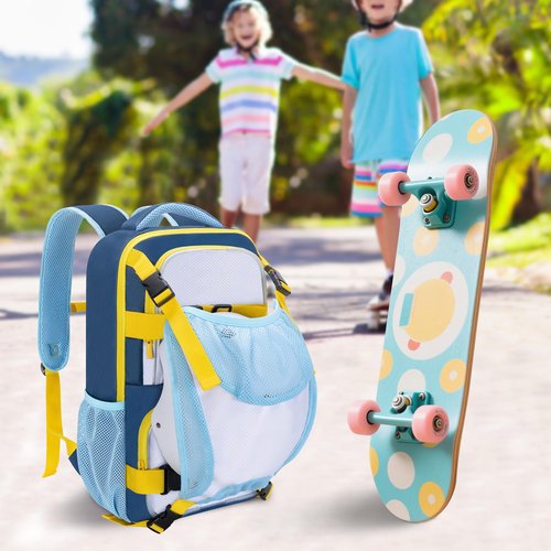 GOBUROS Skateboard Backpack with Adjustable Board Straps and Detachable Helmet Holder, Small Skateboard Bag with Multiple Storage Pockets for Sports, Blue
