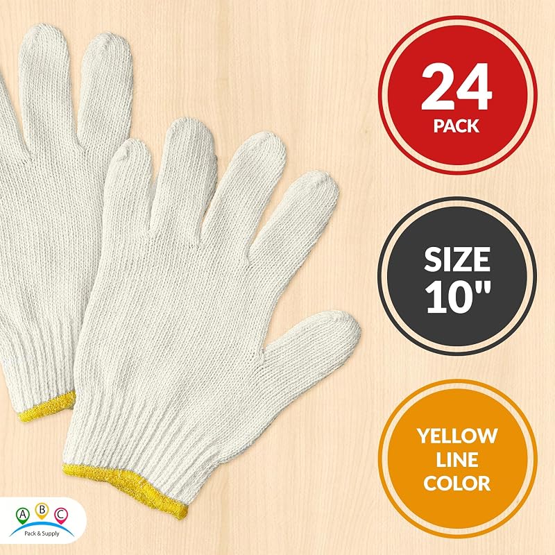 10 Inch Large Beige PolyCotton Work Gloves - Pack of 12, Elastic Wrist, Yellow Edge Line