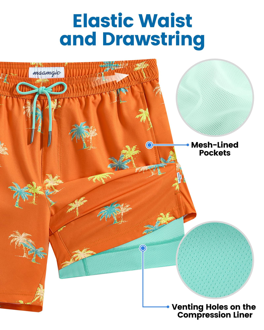 maamgic Mens Swim Trunks with Compression Liner 7 Inch Inseam Mens Bathing Suit Quick Dry Swimming Trunks Swimsuit Orange Coconut Tree Medium