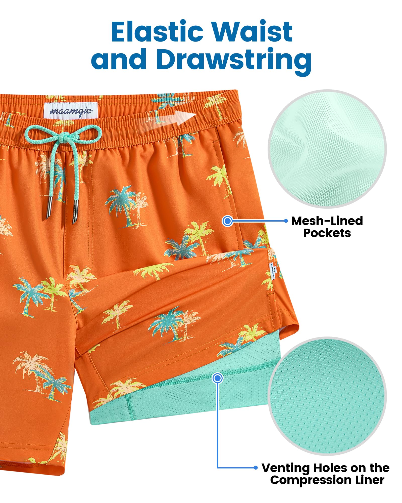 maamgic Mens Swim Trunks with Compression Liner 7 Inch Inseam Mens Bathing Suit Quick Dry Swimming Trunks Swimsuit Orange Coconut Tree Medium