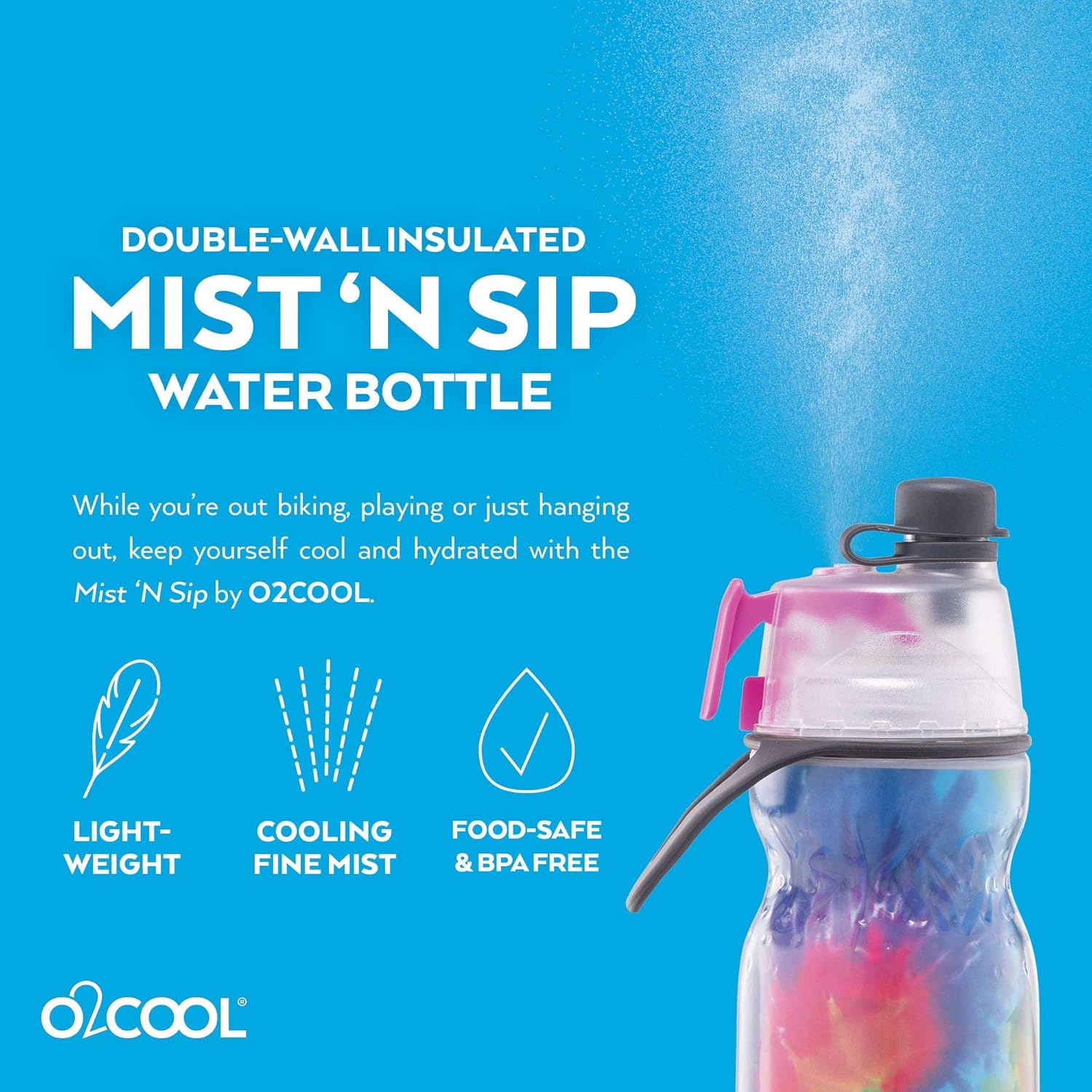 O2COOL Misting Water Bottle - 2-in-1 Mist & Sip Function, No Leak Pull Top Spout - 20 oz Tie Dye/Celestial Purple
