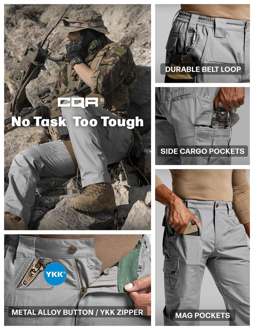 CQR Men's Tactical Pants, Water Resistant Ripstop Cargo Pants, Lightweight EDC Work Hiking Pants, Outdoor Apparel, Raider Stone, 44W x 32L
