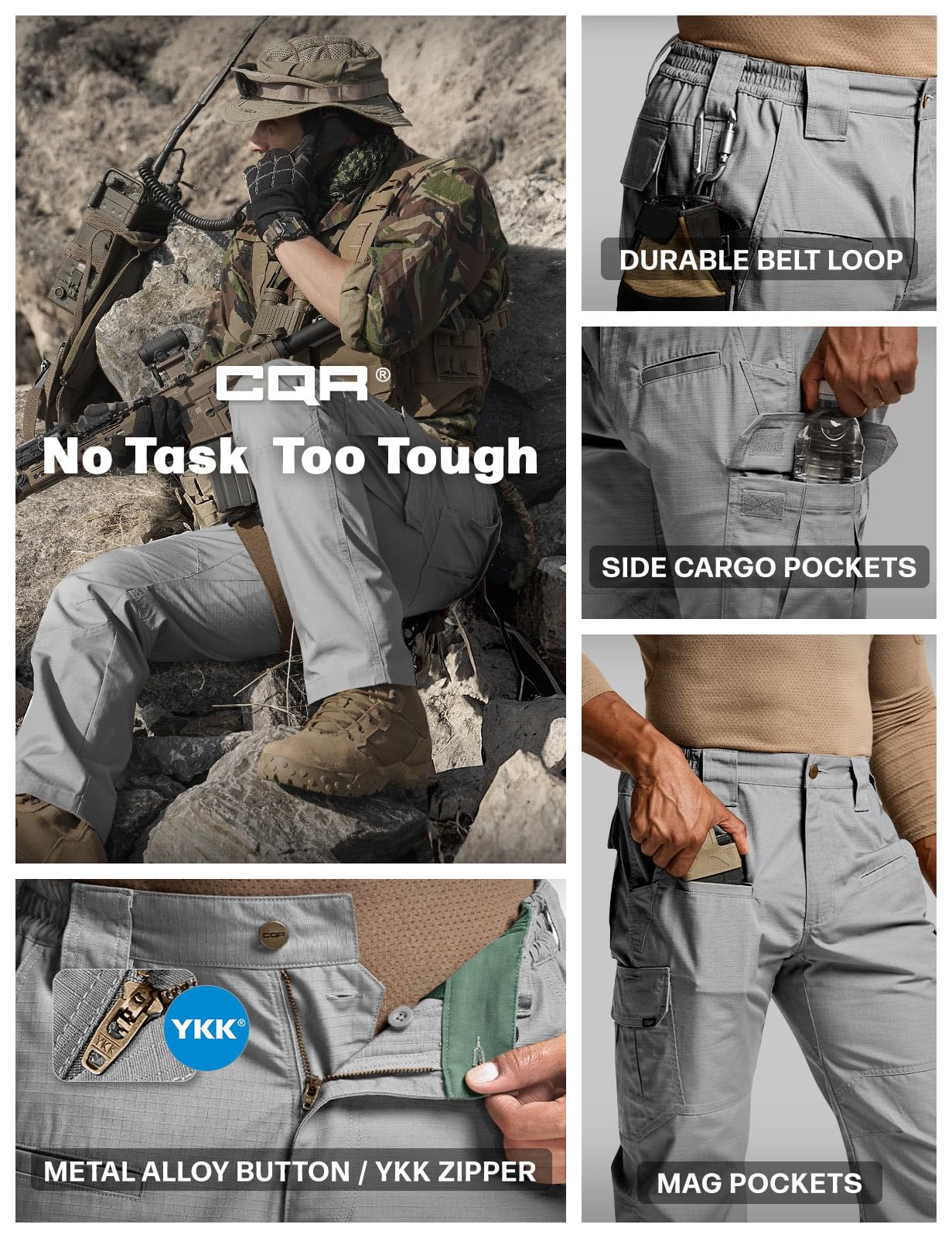 CQR Men's Tactical Pants, Water Resistant Ripstop Cargo Pants, Lightweight EDC Work Hiking Pants, Outdoor Apparel, Raider Stone, 44W x 32L