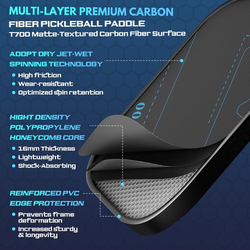TITECK Pickleball Paddles: Carbon Fiber Pickleball Paddle with T700 Textured 16mm Power Polymer Core Lightweight Pickleball Racket for Strong Spin Training Indoor/Outdoor (Black)