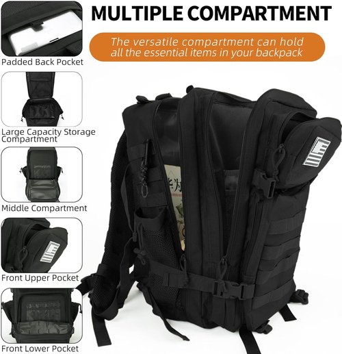 Gracedon Military Tactical Backpack - 45L Assault Pack for Travel & Hiking | Black Daypack for Men & Women