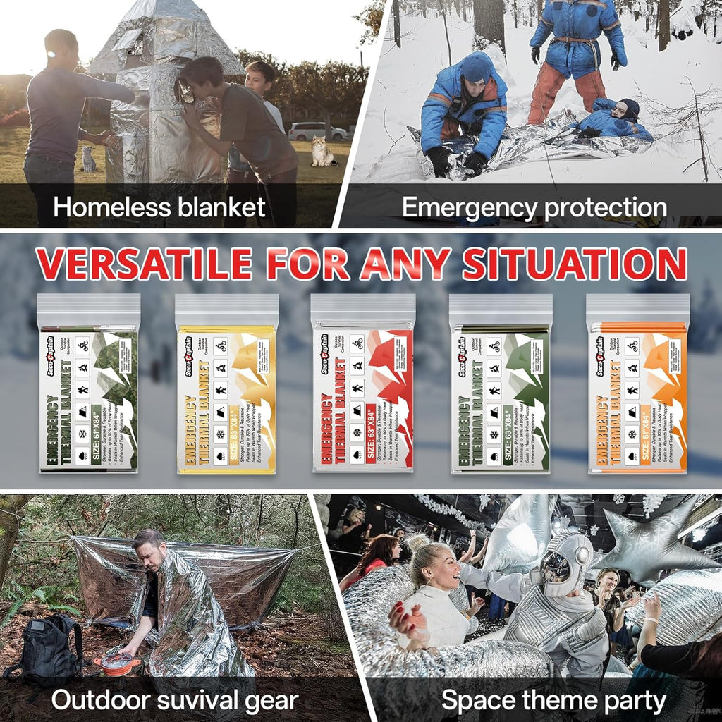 SecuCaptain Emergency Thermal Blankets - Extra Large 84” x 63” Mylar Survival Kit for Winter Camping | 4 Pack