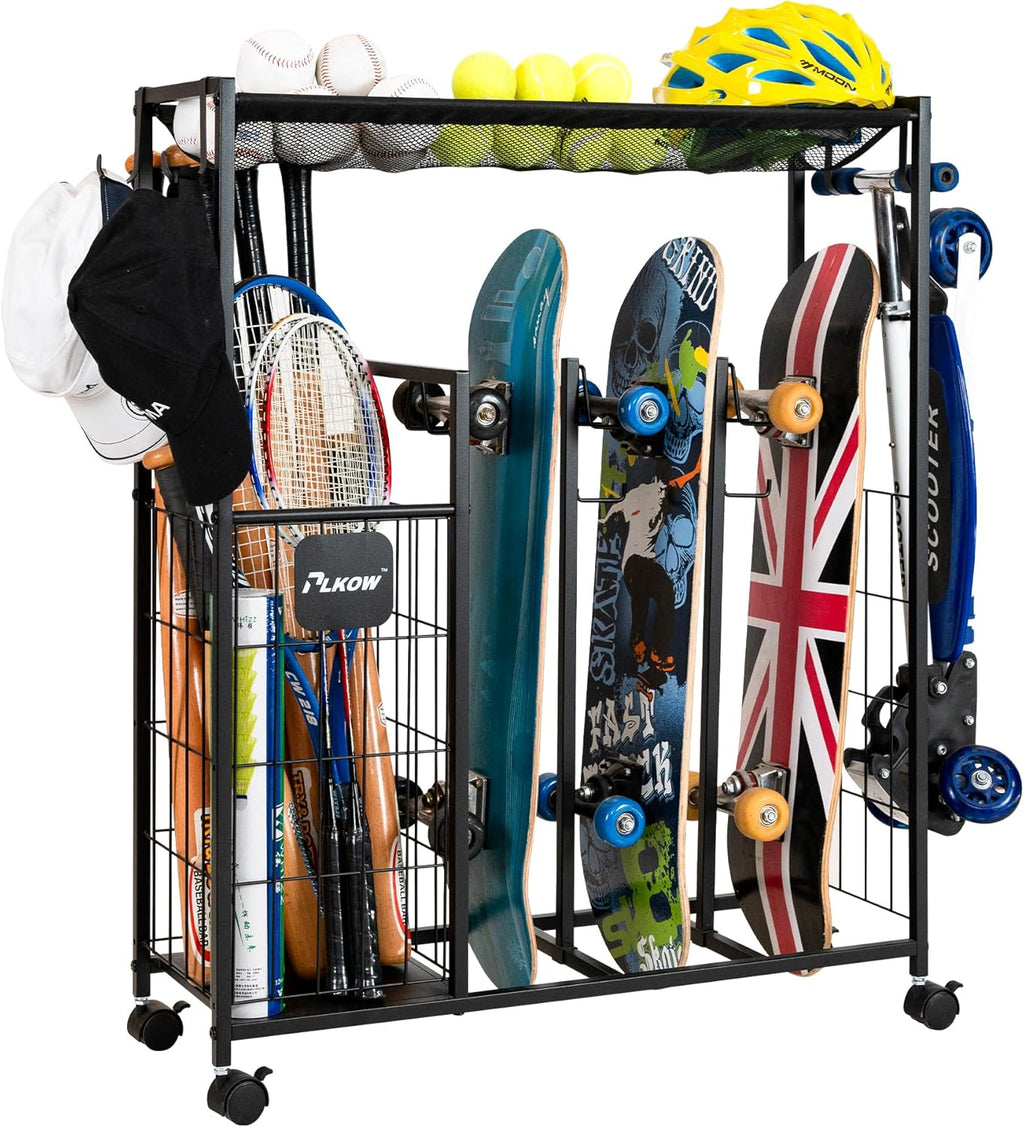 PLKOW Skateboard Storage Rack - Heavy-Duty Organizer with Wheels for Skateboards, Scooters & Gear