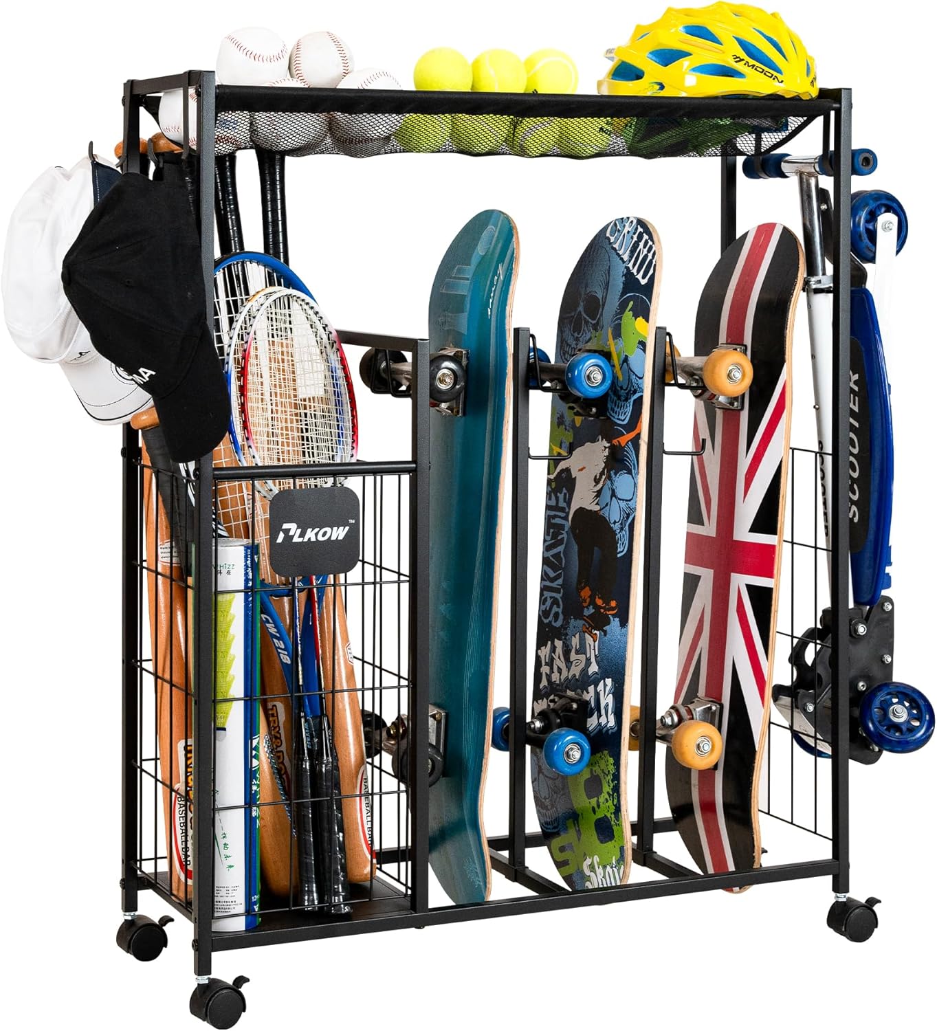 PLKOW Skateboard Storage Rack - Heavy-Duty Organizer with Wheels for Skateboards, Scooters & Gear