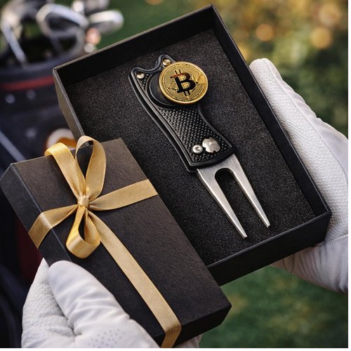 HODL 21 Bitcoin Golf Divot Repair Tool, All-Metal Golf Accessories - 3- in-1 Golf Multitool (Divot Tool, Ball Marker, Club Holder) | Foldable with with Pop-up Button & Magnetic Ball Marker