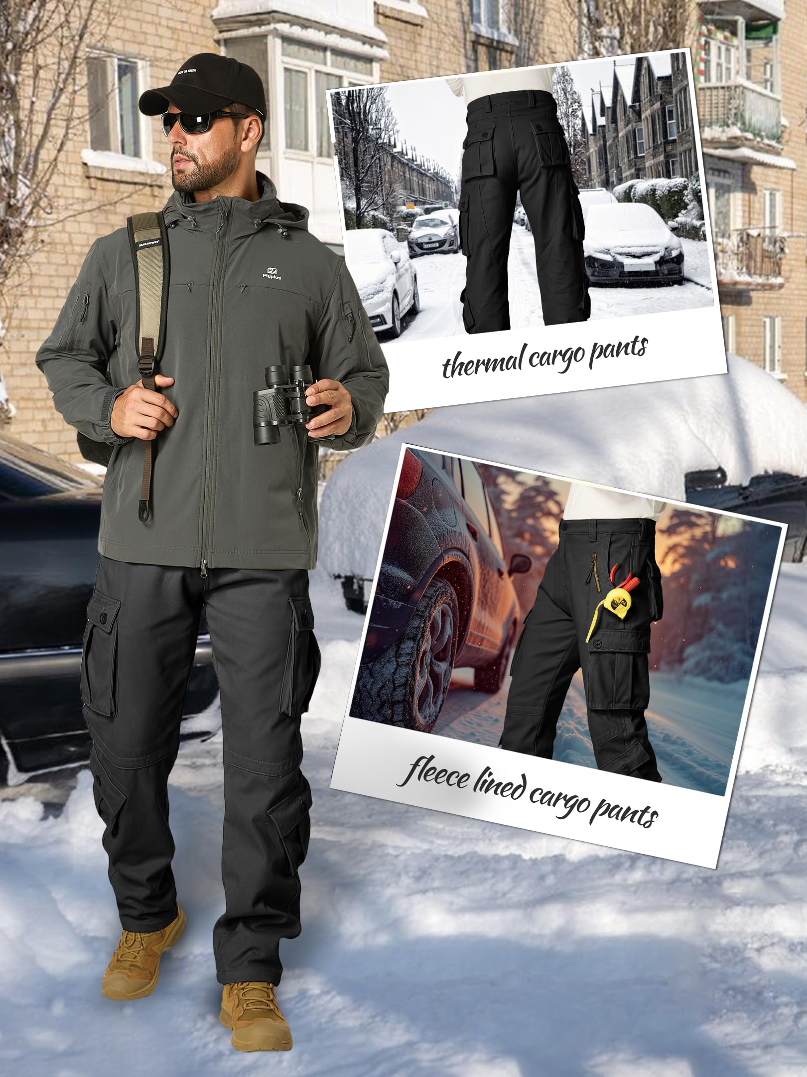 Yevtzl Men's Fleece Lined Hiking Cargo Pants, Snow Ski Winter Insulated Work Pants Mens Tactical Pant for Camping Safari with Pocket (US, Numeric, 34, Regular, Regular, Black)