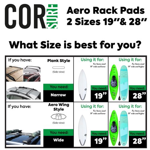 COR Surf Aero Car Roof Soft Rack Pad (Pair) for Surfboard, Kayak, Snowboard, SUP, Canoe and Paddleboard for Large Aero Bars (Green, 28" Narrow)