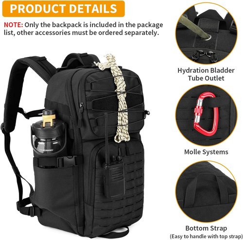 HUNTVP Tactical Backpack - 35L Military MOLLE Daypack for Work, Camping & Hiking | Black