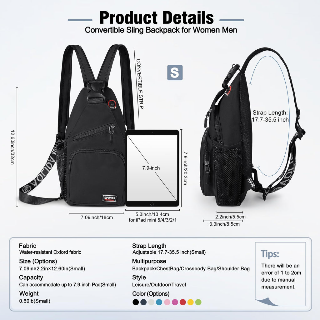 VALUEQLO Crossbody Backpack Convertible Sling Bag for Women Men with Adjustable Strap Small Casual Daypack for Hiking Traveling (Small, 11-Inch, Black)