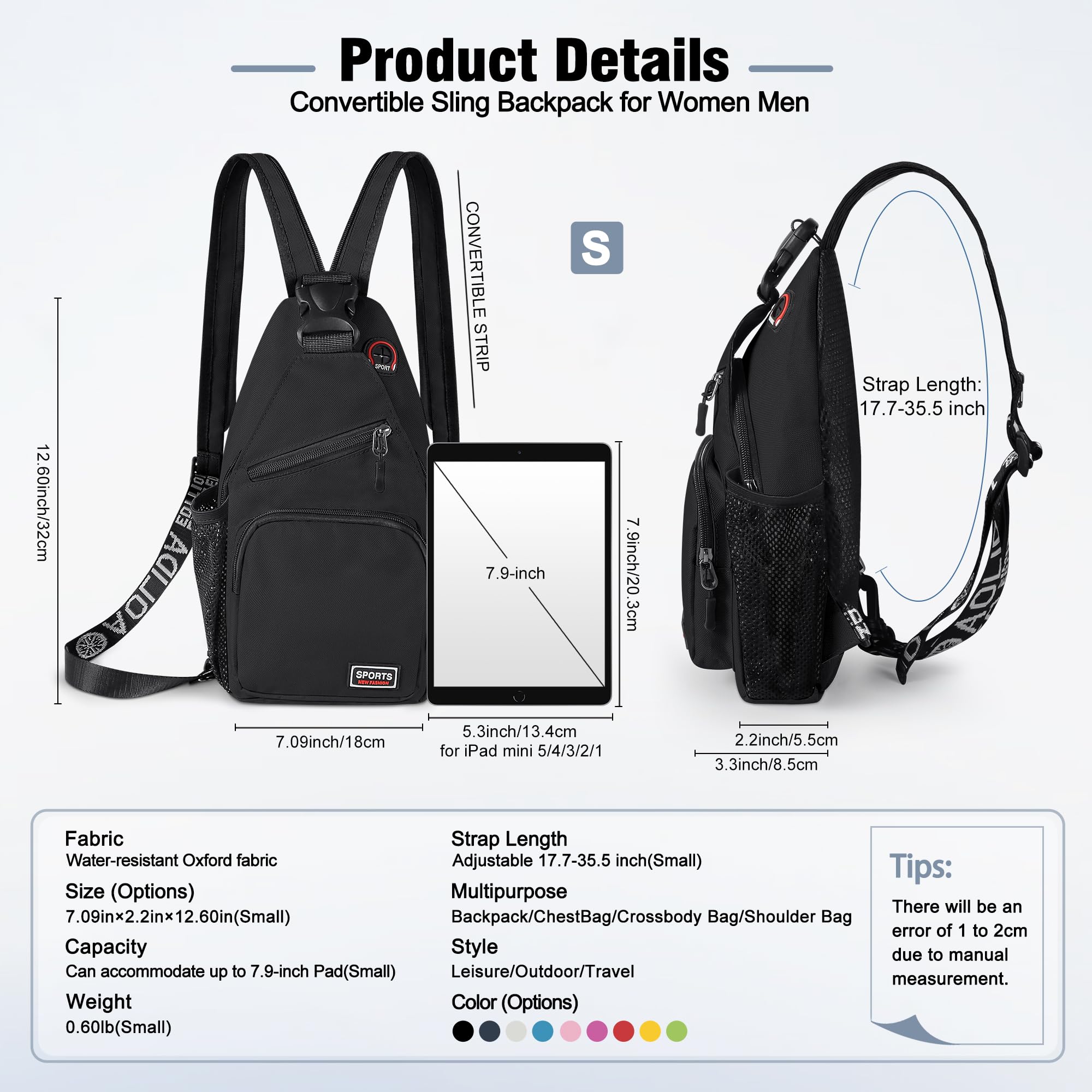 VALUEQLO Crossbody Backpack Convertible Sling Bag for Women Men with Adjustable Strap Small Casual Daypack for Hiking Traveling (Small, 11-Inch, Black)