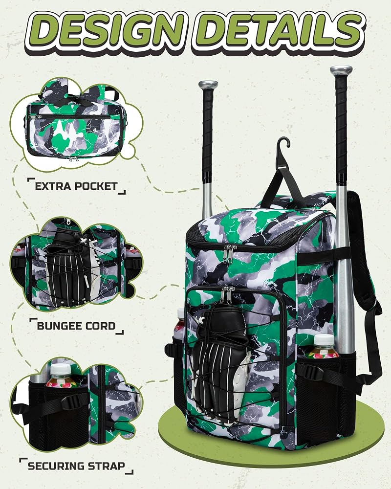 Baseball & Softball Gear Bag for Kids – Green, 19.3" H x 13.4" W x 6.7" D