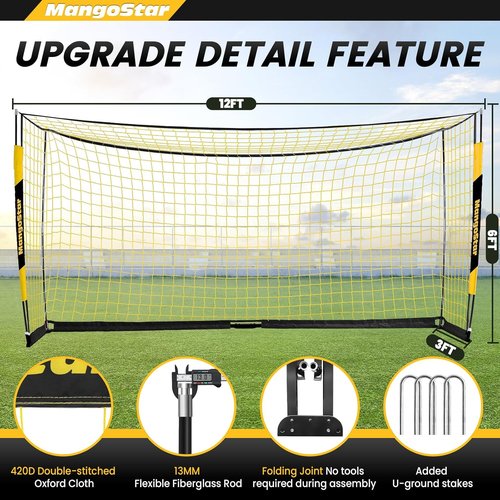 MangoStar Soccer Goal - 12x6 FT Portable Net with Collapsible Metal Base | Quick Setup for Indoor/Outdoor Training