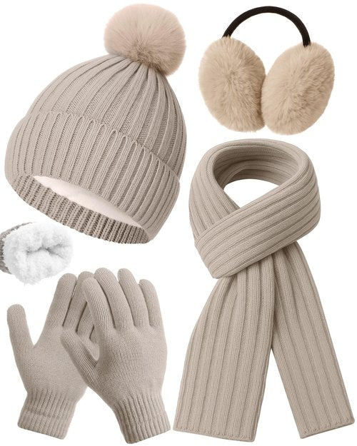 Silicherry 4 Pcs Winter Beanie Hat Scarf Gloves Set Knit Fleece Lined Gloves Ear Muff Knit Hat Long Scarf for Men and Women(Beige)