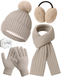Silicherry 4 Pcs Winter Beanie Hat Scarf Gloves Set Knit Fleece Lined Gloves Ear Muff Knit Hat Long Scarf for Men and Women(Beige)