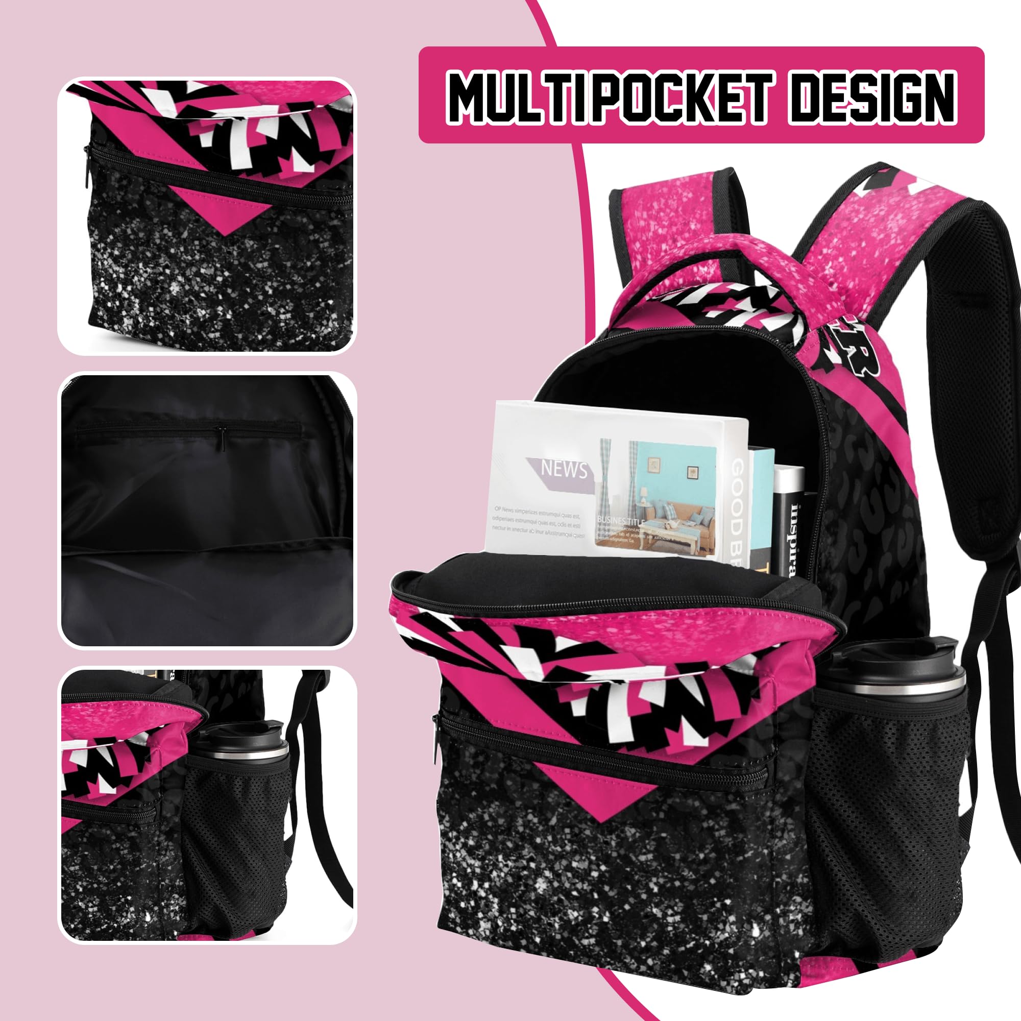 SKYIGC Cheer Backpacks for Cheerleaders, Cheerleading Backpack 16.5in, Cheerleader Gifts for Team (Rose&Black)