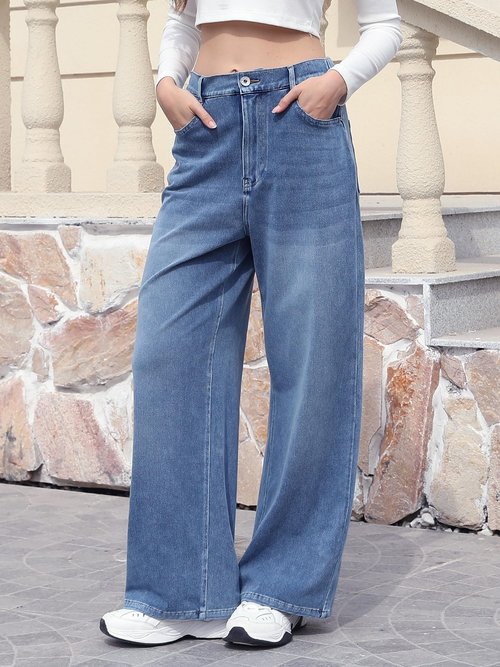 ELLEVEN High Waisted Straight Leg Sweatpant Jeans Woman High Stretchy Pull on Wide Leg Baggy Jeans High Waisted with Elastic Waist Blue Denim Medium