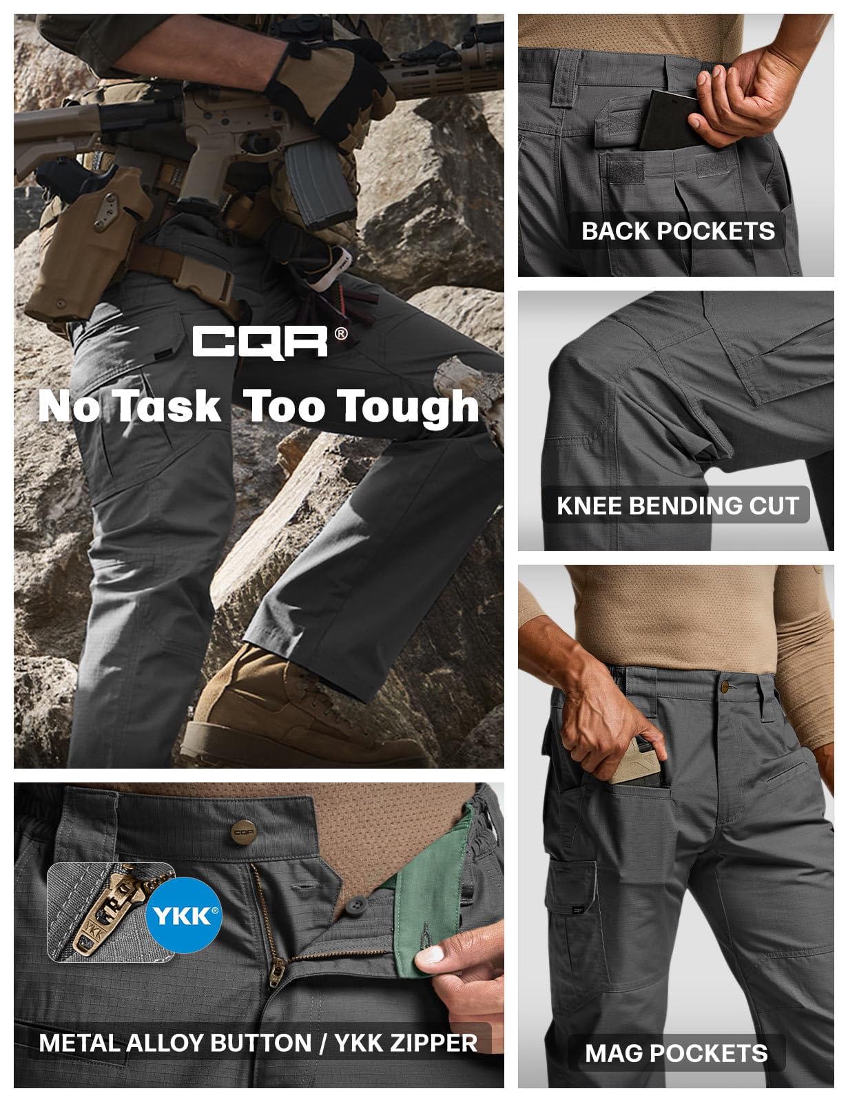 CQR Men's Tactical Pants, Water Resistant Ripstop Cargo Pants, Lightweight EDC Work Hiking Pants, Outdoor Apparel, Raider Charcoal, 44W x 32L
