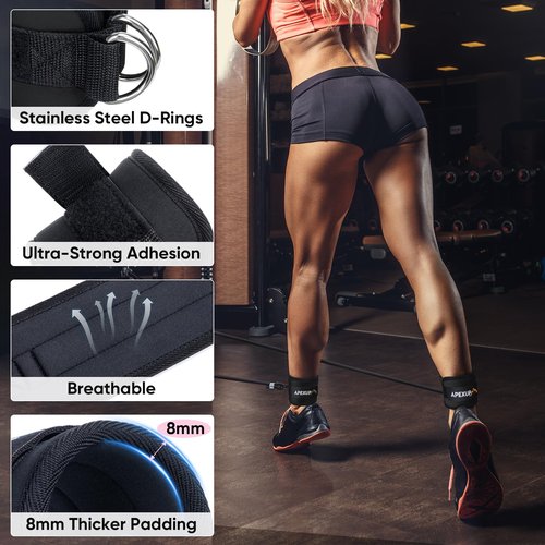 APEXUP Ankle Strap for Cable Machine, Ankle Resistance Bands, Cable Kick Back Straps for Gym, Glute Workouts, Leg Extensions, Adjustable Straps with Neoprene Padding (Pair, Black)