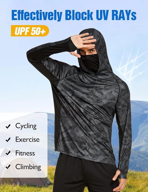 COOrun Men's Hooded Sun Shirts - UPF 50 Cooling Fishing & Hiking Long Sleeve Rash Guards