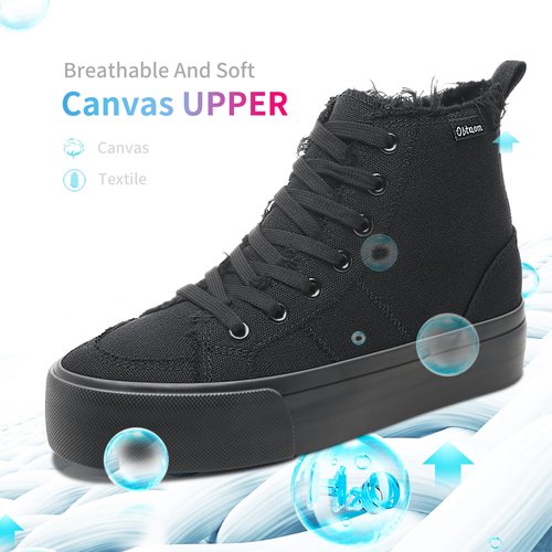 Obtaom High Top Platform Sneakers Women Mid Calf Play Canvas Shoes Washed Platform Skate Skateboard Shoe Casual Canvas Fashion Sneakers(Black Mono,US9)