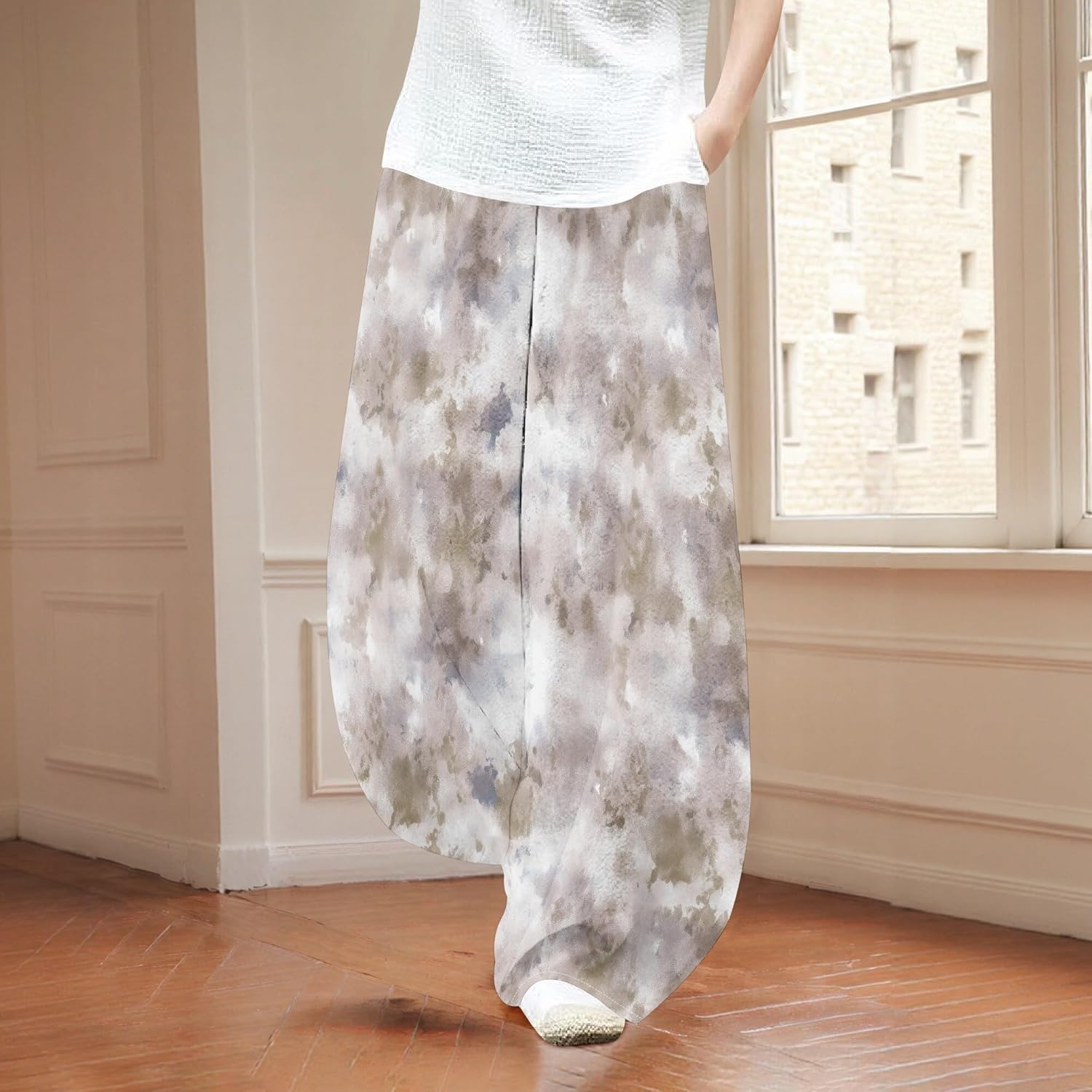 Zaswen Women's Palazzo Pants - High Elastic Waist Tie-Dye Lounge Trousers with Pockets | Plus Size