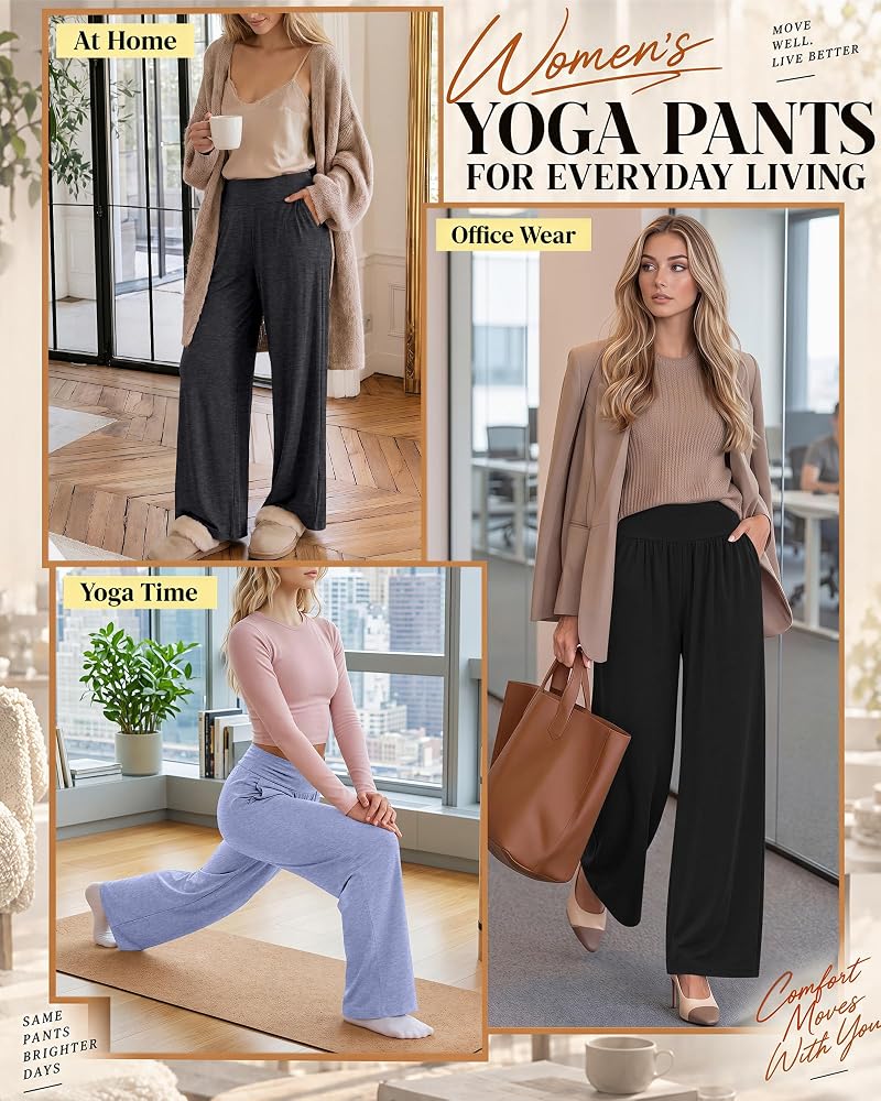 3 Pack Women’s Wide Leg Yoga Pants with Pockets - Black, Gray, Blue (Medium)