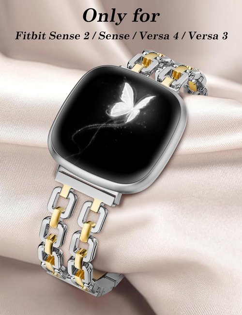 Wearlizer Metal Band Compatible with Fitbit Versa 4 Bands for Woman/Versa 3/Sense 2/Sense Bands Women, Dressy Chain Strap Designer Stainless Steel Bracelet Wristband