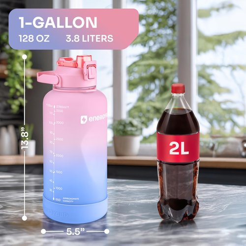 EnergyBud 1 Gallon Water Bottle with 128 oz Capacity - Motivational Time Markers for Daily Hydration Goals - Leakproof BPA Free Tritan with Removable Straw