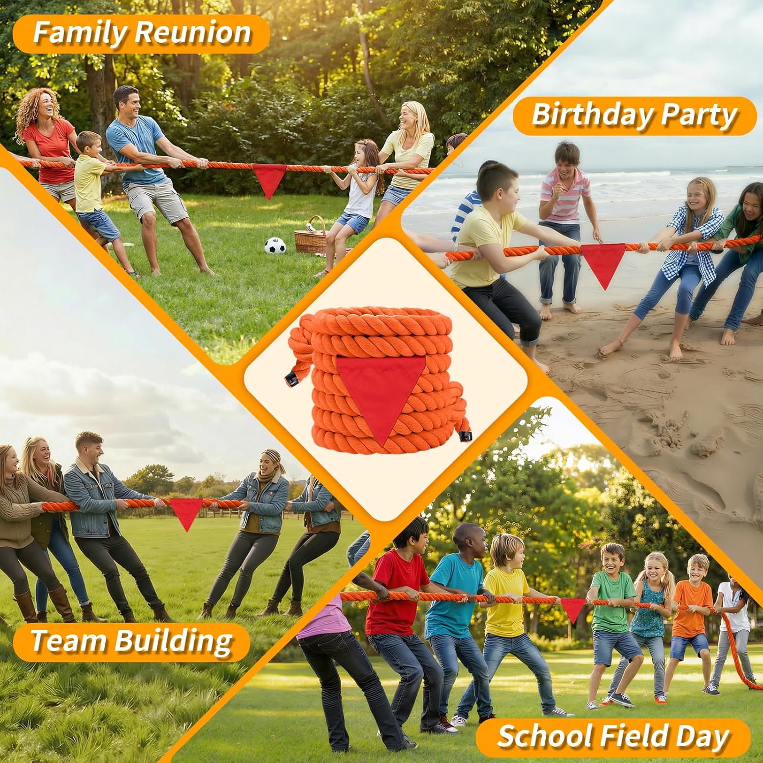 Skiennix Tug of War Rope - 20ft Soft Cotton Outdoor Pulling Rope with Flag for Family Fun | Orange