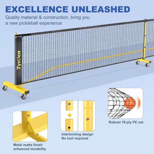 TYRSEN Pickleball Net Set - 22FT Net on Wheels, 4 Paddles, 6 Balls, 12 Court Markers, 1 Bag, Indoor/Outdoor Play