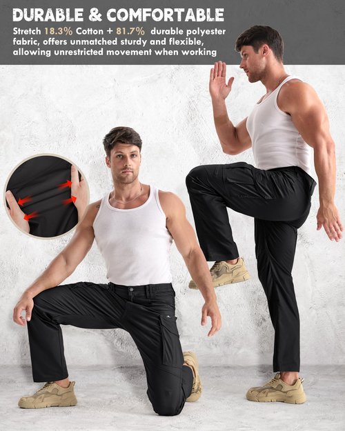 IGOLUMON Work Pants for Men Cargo Pants Tactical Pants with 9 Pockets, Ripstop Lightweight Stretch Outdoor Hiking Pants Black