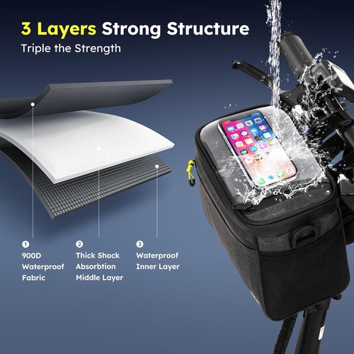 RegalRider Bike Handlebar Bag – Waterproof 5L Large Capacity Storage Front Bike Bag, Top Touchscreen Phone Pouch, Bike Storage Bag Includes Extra Sides Pockets & Shoulder Strap for Outdoor Riding