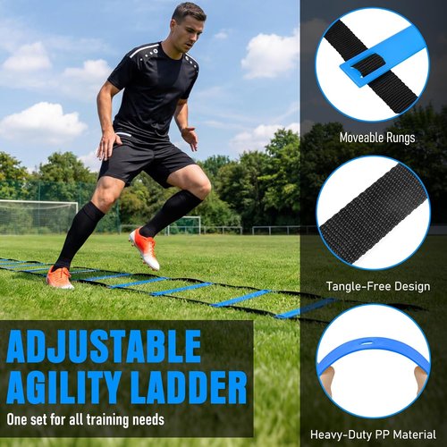 Agility Ladder Set - 20ft Speed Ladder with 4 Hurdles, Parachute, 12 Cones & Jump Rope | Enhance Agility & Speed for Kids and Adults
