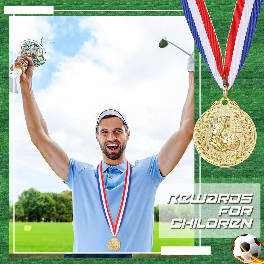 Yinkin 24-Piece Soccer Gold Award Medals Set - Metal Trophies with Red, White & Blue Ribbons for Team Competitions