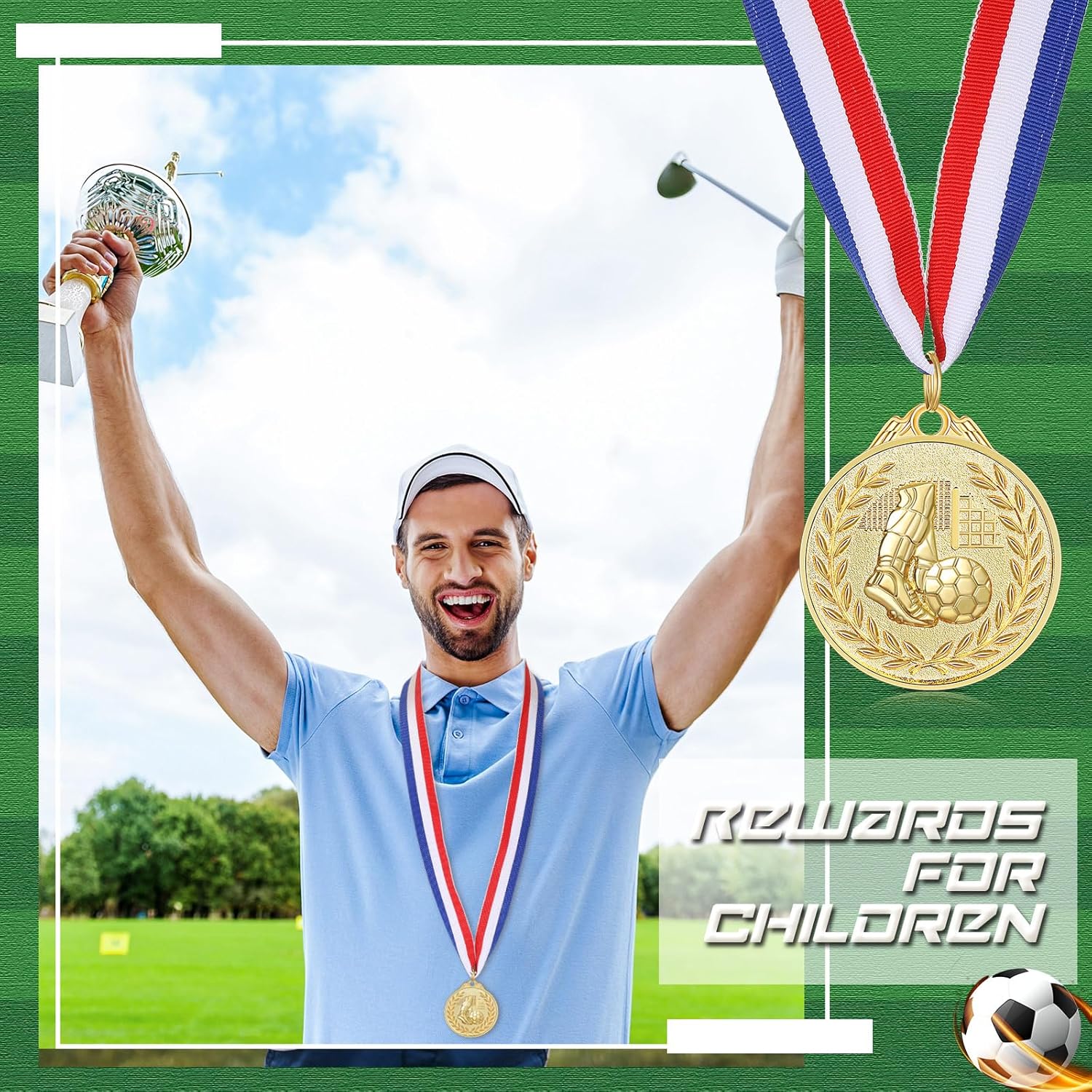 Yinkin 24-Piece Soccer Gold Award Medals Set - Metal Trophies with Red, White & Blue Ribbons for Team Competitions