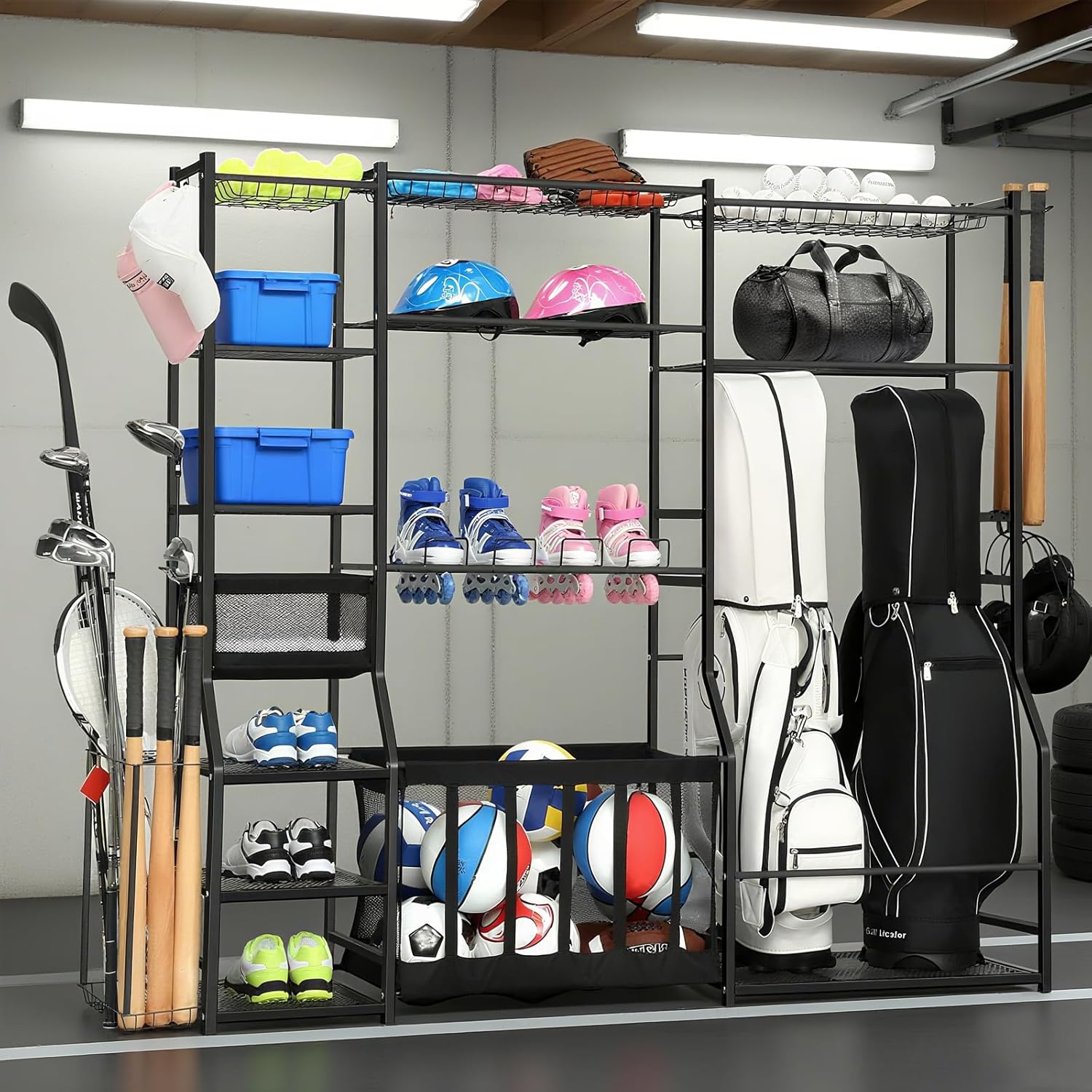 Skiennix Large Garage Sports Equipment Organizer - Upgraded Rack with Holder & Hooks for Balls | Indoor/Outdoor Basketball Storage