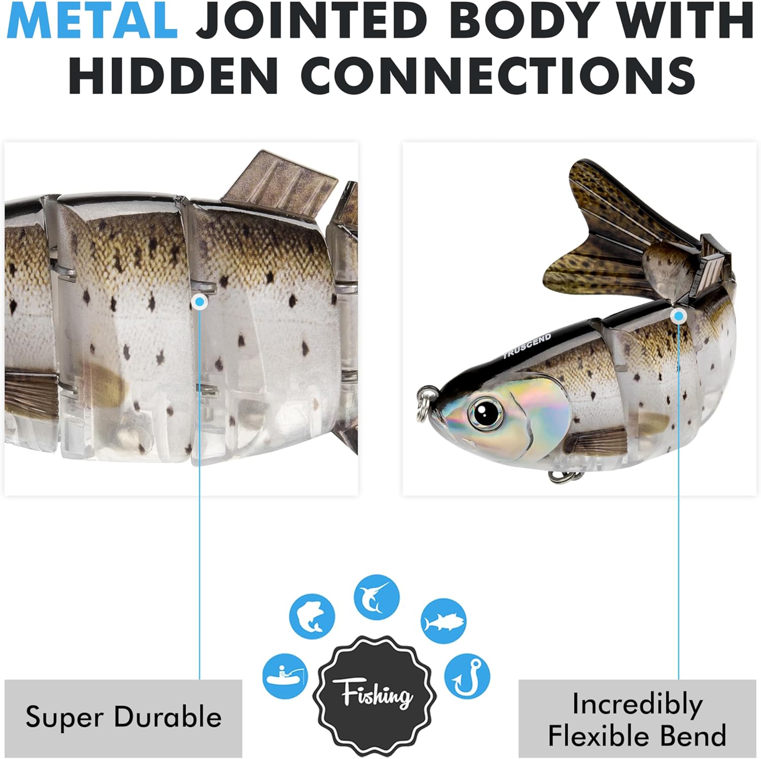 TRUSCEND Swimmax Fishing Lure - Wiggling, Vibrating, Rattling Design with BKK Hook | Heavy-Duty Dyneema Fiber Joint for Bass, Trout, Crappie