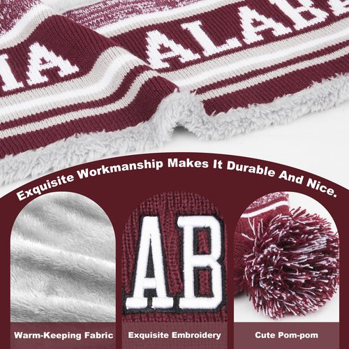 Alabama Beanie Hat Scarf Set for Men, Knit Pompom Beanie Cap, Football Fans Fashion Toque Cap, Neck Warmer Scarves,Winter Gifts for Sport Fans with Stickers