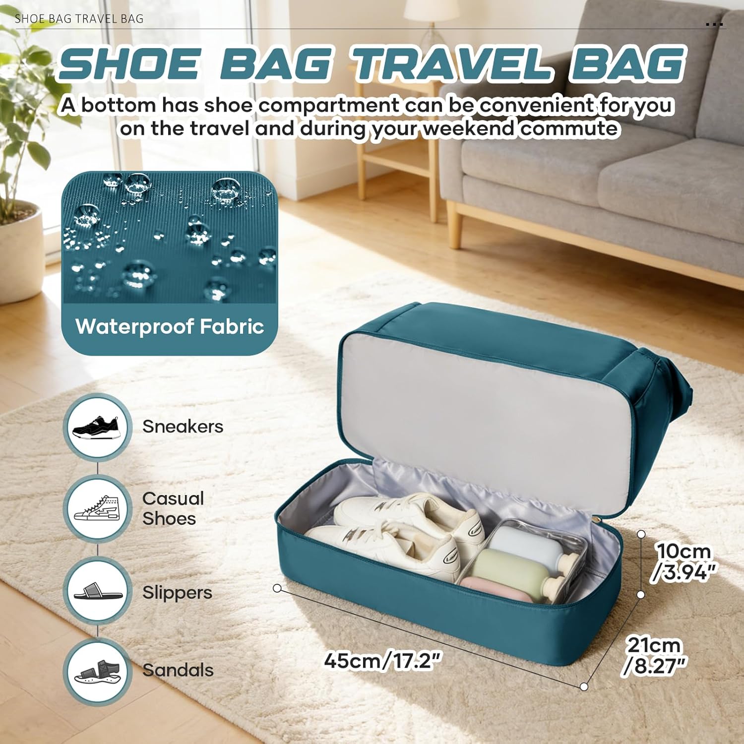 Skiennix Travel Duffel Bag - Waterproof Weekender with Shoe Compartment & Trolley Sleeve | Peacock Blue