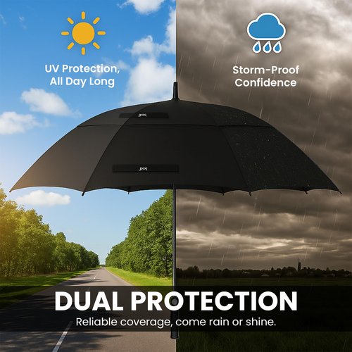 JPAXI Golf Umbrella Windproof - 62 Inch Large Umbrellas For Rain Heavy Duty - Automatic Open Ultimate UV Protection - Water Repellent Double Canopy Vented - Best Sports Umbrella