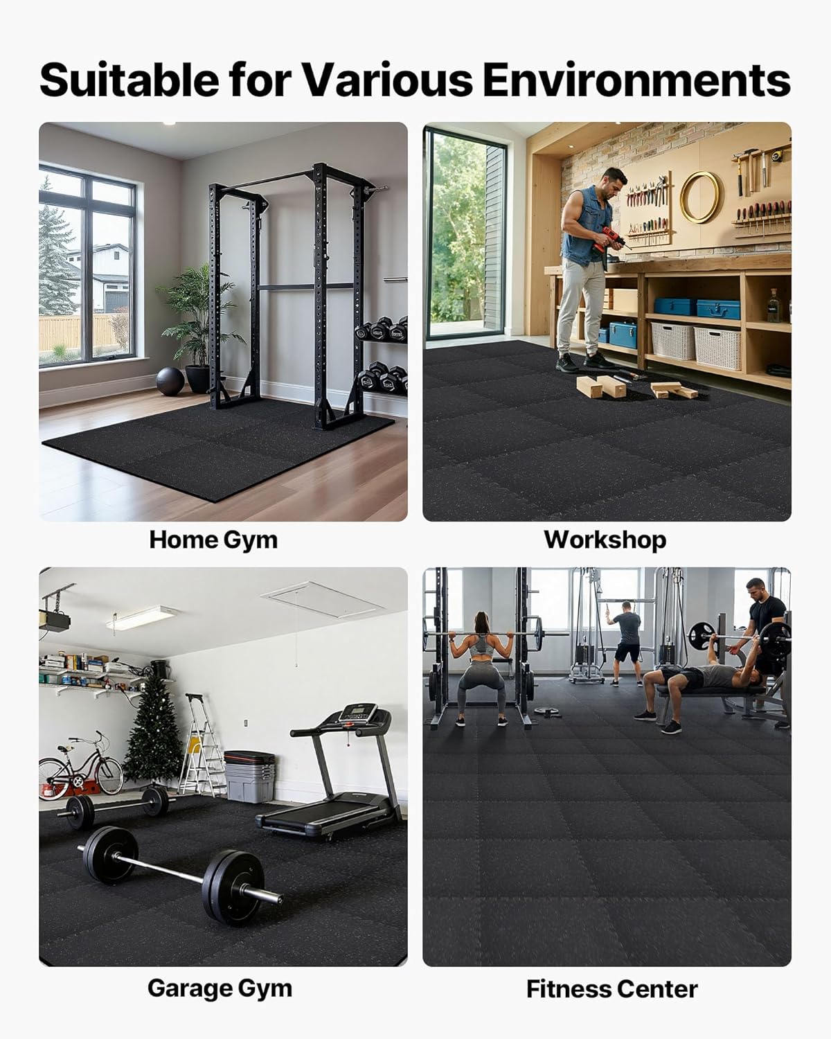 VEVOR Gym Flooring Tiles - 0.56 Inch Thick Rubber Top with High Density EVA Foam | 24 x 24 Inch Interlocking Mats in Black & Gray - Perfect for Home Gyms