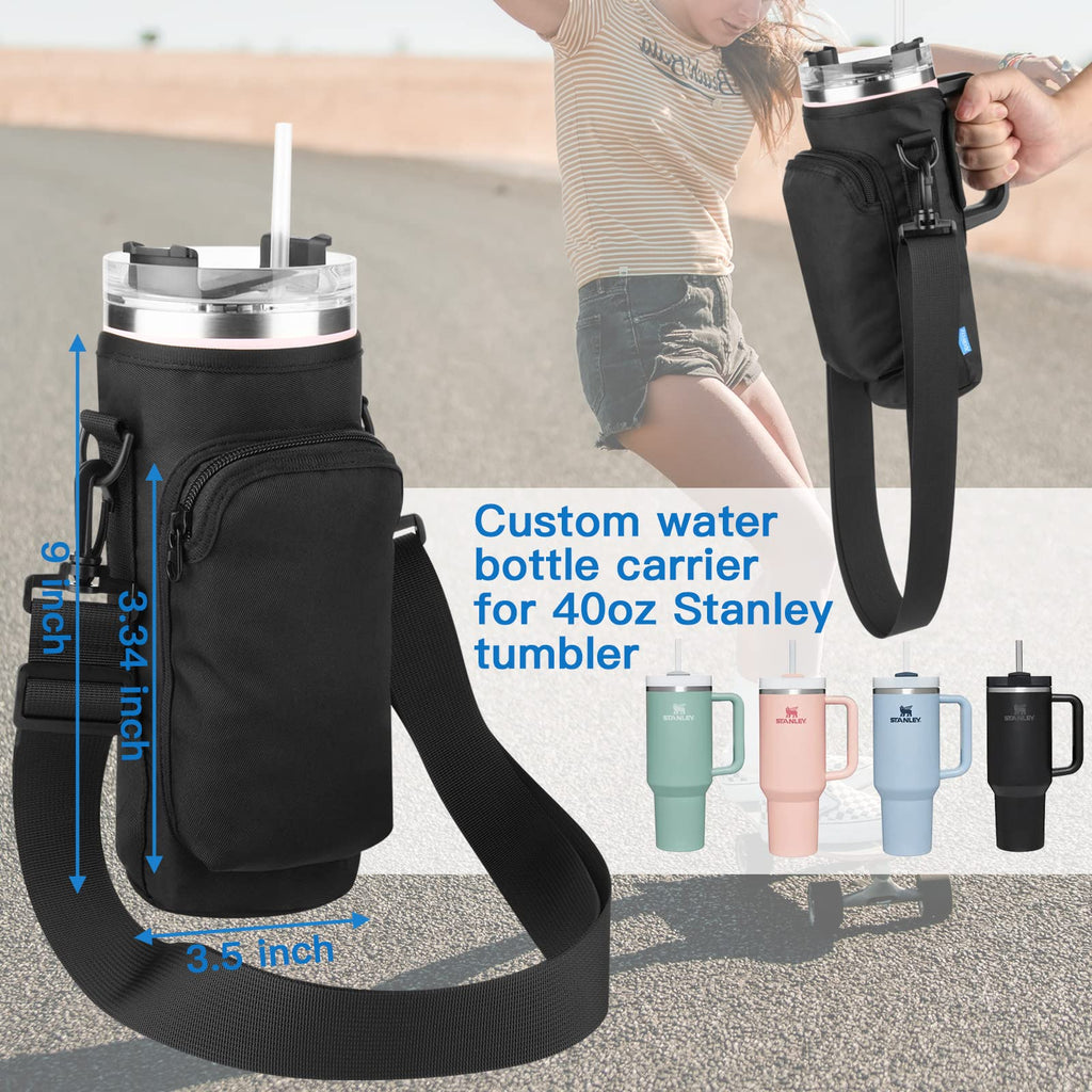 Xxerciz Water Bottle Carrier Bag with Phone Pocket for Stanley 40oz Tumbler with Handle, Water Bottle Holder Pouch with Adjustable Strap, Stanley Cup Accessories for Hiking Travelling Camping