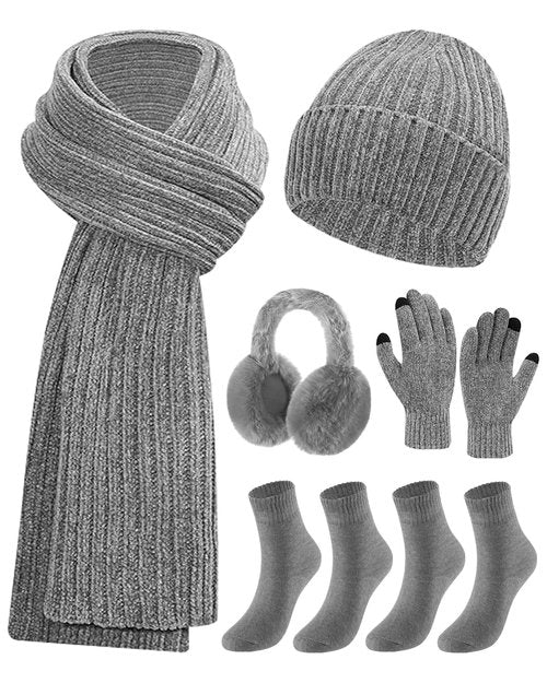 Geyoga 6 Pcs Winter Knit Set Beanie Hat Long Scarf Touchscreen Gloves Ear Muff Socks Warm Valentine Gift for Women Men Snow(Gray,Classic Style)